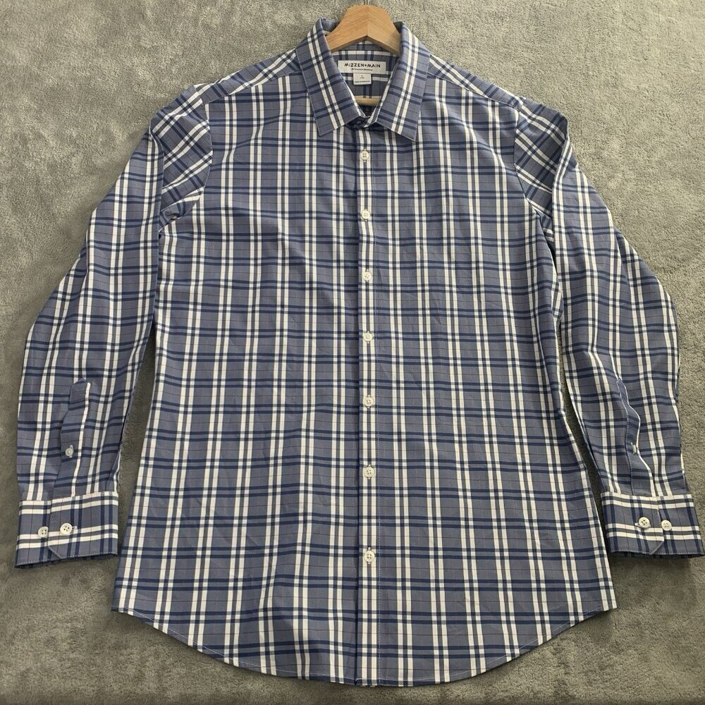Mizzen + Main Shirt Mens Large Trim Button Up Plaid Blue Performance Menswear